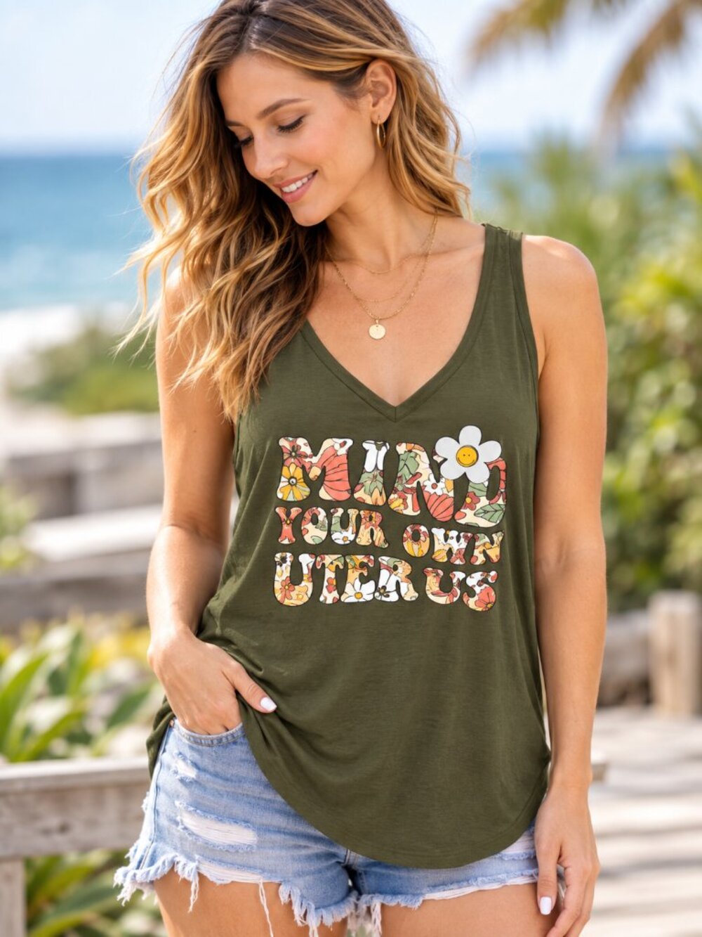 a.n.a Olive Green Mind Your Own Uterus Graphic Tank Top XL